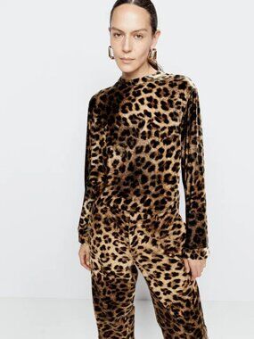 RAEY Brown Viscose Silk Leopard Print Velvet Blouse Top UK6 XS